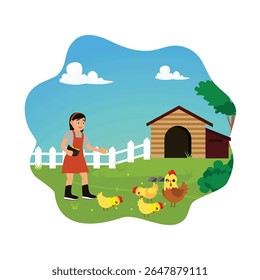 Life in the countryside. A little girl feeds chickens in the garden of the house.
