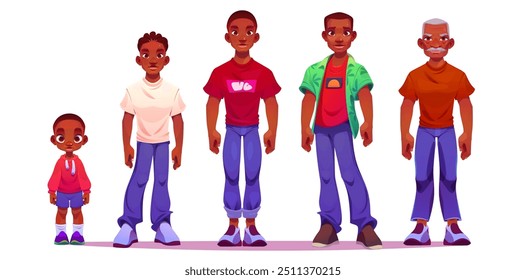 Ciclo de vida del personaje masculino africano de dibujos animados con diferentes pasos de edad desde el niño pequeño hasta el hombre mayor. generación de línea de tiempo crecer evolución de niño pequeño y adolescente, persona adulta madura y pensionista.