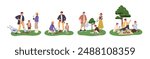 Life cycle of apple tree concept set. Family and kids growing, care about plant. Parents, children seedling sprout, watering sapling. People have a picnic. Flat isolated vector illustrations on white