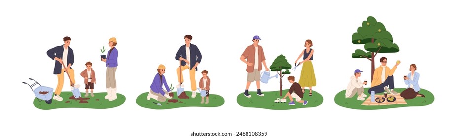 Life cycle of apple tree concept set. Family and kids growing, care about plant. Parents, children seedling sprout, watering sapling. People have a picnic. Flat isolated vector illustrations on white