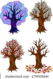 Ciclo de vida de manzanos, estaciones, ilustración vectorial.