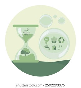 Life cycle assessment concept. Renewable energy and sustainability, featuring an hourglass with tree and solar panels, and symbols representing environmental conservation. 