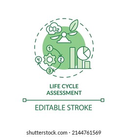 Life cycle assessment green concept icon. Impact study. Industrial ecology method abstract idea thin line illustration. Isolated outline drawing. Editable stroke. Arial, Myriad Pro-Bold fonts used