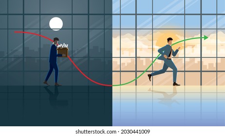 The life cycle of a business has a red down and growth up green graph. Loss profit businessman sad at night, Recover running in the morning. Economic crisis and Business recovery in an overnight. svg