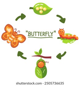 The life cycle of a butterfly starts from egg, larva, pupa, and adult butterfly. In cartoon illustration style. Science concept for children