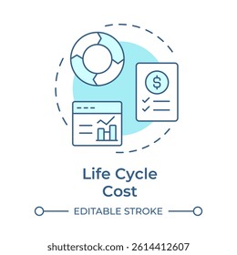 Life cycle cost soft blue concept icon. Statistical metrics, chart. Budget, bill. Round shape line illustration. Abstract idea. Graphic design. Easy to use in infographic, presentation