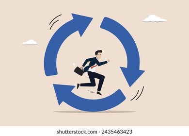 Ciclo de vida o rutina diaria de comportamiento, disciplina o eficiencia de trabajo, procedimiento o proceso de éxito concepto, hombre de negocios corriendo en el diagrama de flecha de círculo de hábito.