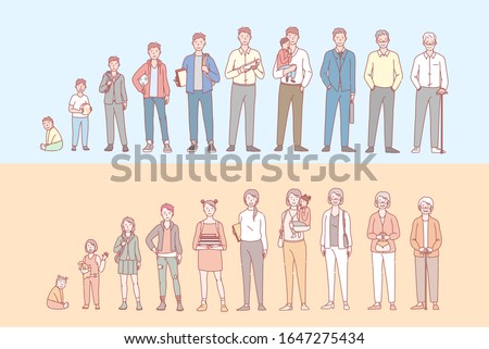 Life cycle of humans set concept. Collection of men and womens stage of life, growing up and aging. Male and female of different ages in cartoon style illustration. Simple flat vector