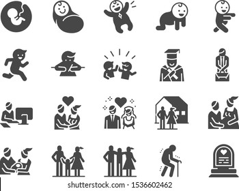 Life Cycle icon set. Included icons as birth, child, death, growing, family, happy and more.