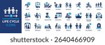 Life cycle icon set. Lifespan, baby, children, growth, teenager, student, graduation, working, dating, wedding, family, senior and tomb. Solid vector icons collection.