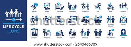 Life cycle icon set. Lifespan, baby, children, growth, teenager, student, graduation, working, dating, wedding, family, senior and tomb. Solid vector icons collection.