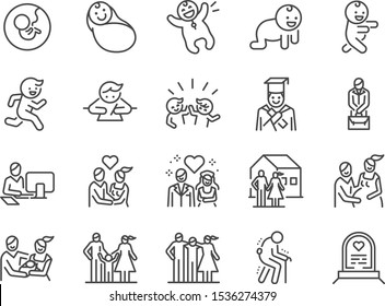 Life Cycle line icon set. Included icons as birth, child, death, growing, family, happy and more.