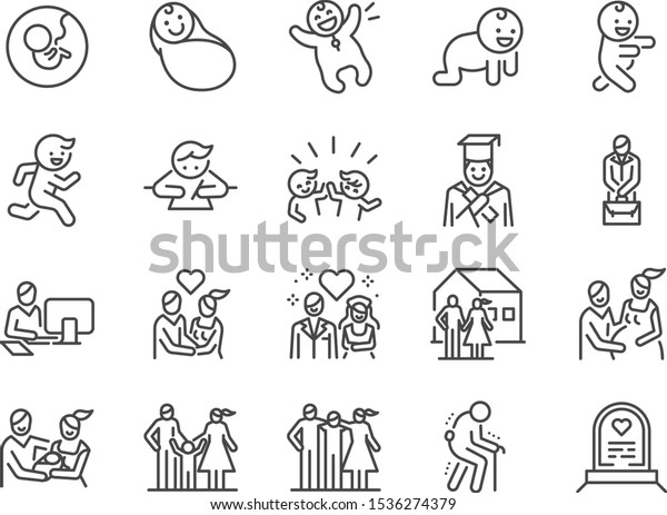 Life Cycle line icon\
set. Included icons as birth, child, death, growing, family, happy\
and more.