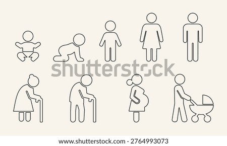 Life cycle outlines, human growth stages, aging icons.