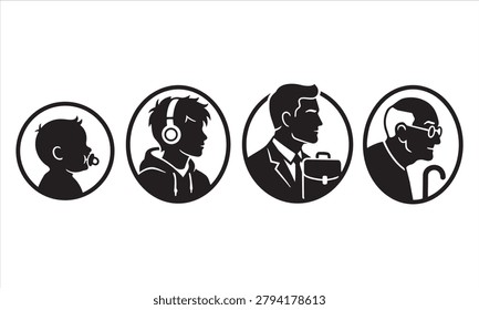 Life cycle silhouette icons representing aging process with teenager silhouette evolution development businessman headphones retirement illustration conceptual minimalist portrait