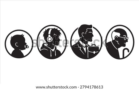 Life cycle silhouette icons representing aging process with teenager silhouette evolution development businessman headphones retirement illustration conceptual minimalist portrait