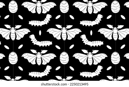 Ciclo de vida de la polilla de seda (Bombyx mori). oruga, capucha, mariposa, gusano de seda y hojas de morera sobre el fondo negro. Patrón sin foco.