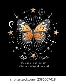 life cycle slogan with butterfly in glitter and rivets circle frame vector illustration on black background