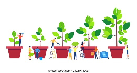 Life Cycle, Time line and growth metaphor, grow stages of Tree from Seed to Large Plant, Small people are watering plants in pots. Colorful cartoon style flat vector illustration