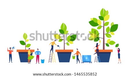 Life Cycle, Time line and growth metaphor, grow stages of Tree from Seed to Large Plant, Small people are watering plants in pots. Colorful cartoon style flat vector illustration