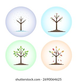 Der Lebenszyklus eines Baumes zu verschiedenen Jahreszeiten: Winterschnee, Frühlingsblumen, sommergrüne Blätter und Herbstlaub. Vektorgrafik von Symbolen in den Jahreszeiten