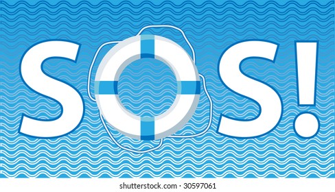 Life cycle in the word "sos!" against the sea waves.