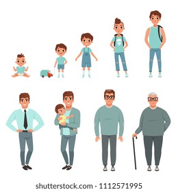 Life cycles of man, stages of growing up from baby to man vector Illustration