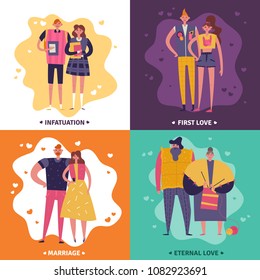 Life cycles of man and woman 2x2 design concept set of infatuation first love marriage and eternal love square icons flat vector illustration  