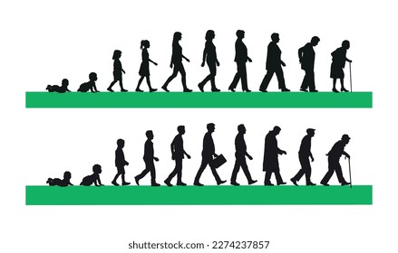 Life cycles of man and woman from a little baby to senior age silhouette vector illustration. 