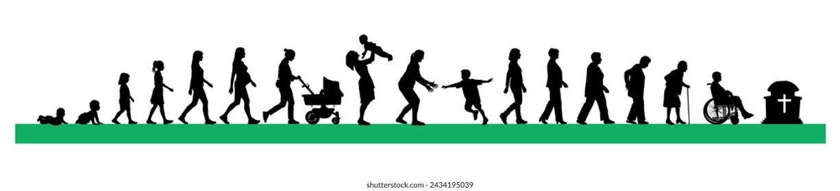 Life cycles of woman from birth to death vector graphic infographic silhouette.	