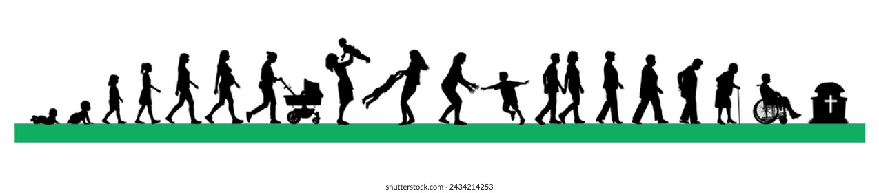 Life cycles of woman from a little baby to senior woman vector graphic black silhouette set. Life cycle of a woman growing from birth to death life stages silhouette.	