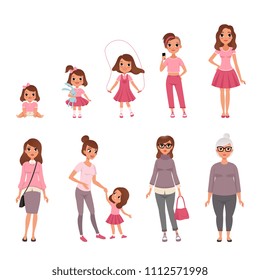 Life cycles of woman, stages of growing up from baby to woman vector Illustration