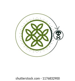 Life and Death conceptual logo, unique vector symbol. Life Flower symbol and Skull with Bones combined.