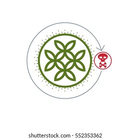 Life and Death conceptual logo, unique vector symbol. Life Flower symbol and Skull with Bones combined.
