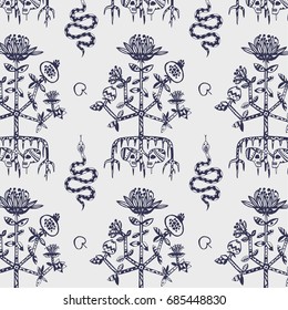 Life and death pattern with lovers sculls under life tree