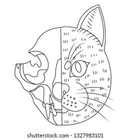 The life and death of Schrodinger's cat vector illustration. Schrodinger's famous thought experiment. Half alive half dead cat. Half skull half face of cat colorless.