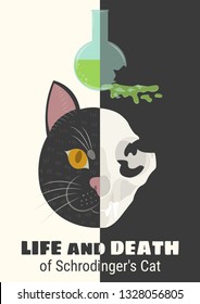 The life and death of Schrodinger's cat vector illustration. Schrodinger's famous thought experiment. Half alive half dead cat. Half skull half face of cat.