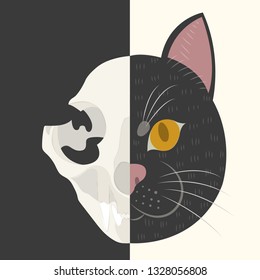 The life and death of Schrodinger's cat vector illustration. Schrodinger's famous thought experiment. Half alive half dead cat. Half skull half face of cat.