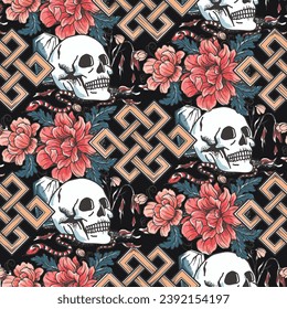 Life and death theme tattoo style art, seamless pattern with vector hand drawn illustration