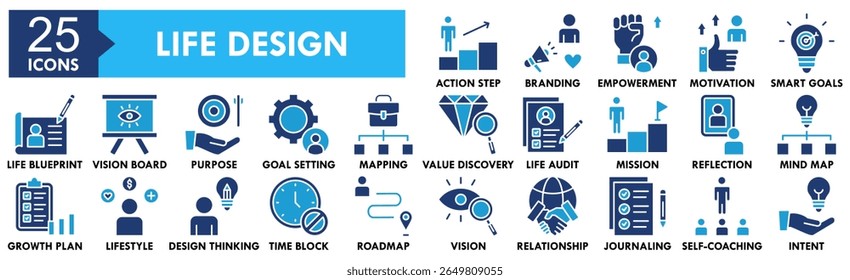 Conjunto de coleção de ícones do Life Design. Contendo design, design, vida, empoderamento, motivação, metas inteligentes