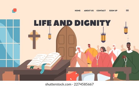 Life And Dignity Landing Page Template. Catholic Church Filled With People, Gathered For Worship Or Celebration
