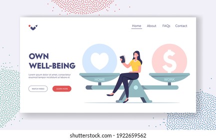 Life Dilemma, Decision Landing Page Template. Tiny Female Character Sit on Huge Scales Choose between Finance or Love. Balance at Work, Values Equality Woman Make Choice. Cartoon Vector Illustration