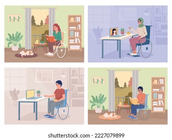 Life with disability flat color vector illustrations set. Resting and working at home. Inclusion benefits. Fully editable 2D simple cartoon interiors collection with living rooms on background