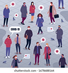 Life During Coronavirus. Vector Illustration Of Large Multiethnic Group Of People In Casual Clothes And Medical Masks Walking Down The Street With Thoughts Of Covid-19. Isolated On Background