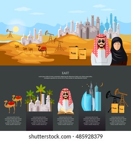 Life in the East tradition and culture in muslim countries banner dubai landscape oil industry journey to the east sheikh in desert vector illustration  