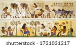 Life of egyptians. History art. Ancient Egypt frescoes. Agriculture, fishery, farm. Old tradition, religion and culture. Hieroglyphic carvings on exterior walls of an old temple  