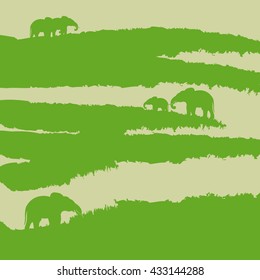 Life of elephants at large. Texture of fabric with elephants. Print of elephant silhouettes in savannah. Vector Illustration