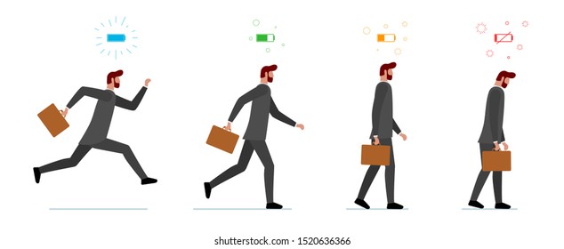 Life energy full and tired businessman. Powerful person with high charge and uncharged battery level indicator set. Worker male concept. Business man running and low power weak walking illustration