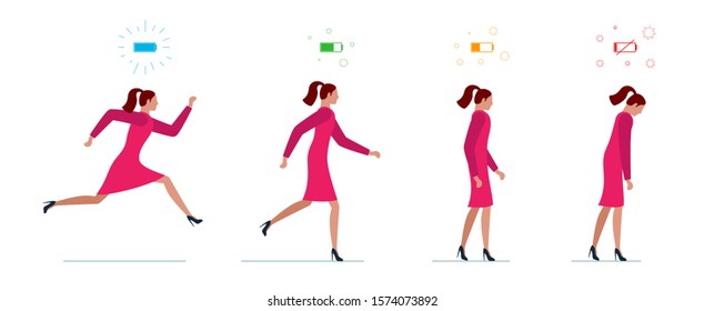 Life Energy Full And Tired Businesswoman. Powerful Person With High Charge And Uncharged Battery Level Indicators. Worker Female Concept. Business Woman Running And Low Power Weak Walking Illustration