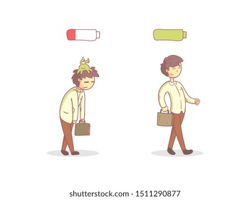Life Energy, Full of Energy and Tired Man, Businessman with Low and High Full Level Energy Battery Vector Illustration